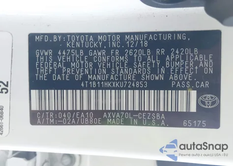2019 Toyota Camry Se z USA, uszkodzony, nr VIN 4T1B11HKXKU724853
